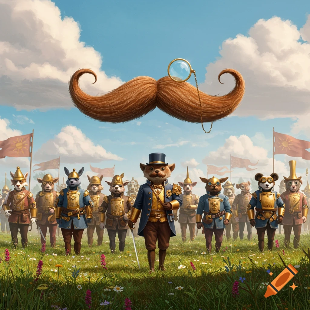 A dapper cat-like creature leads an army of anthropomorphic animals in uniforms under a giant floating mustache with a monocle.