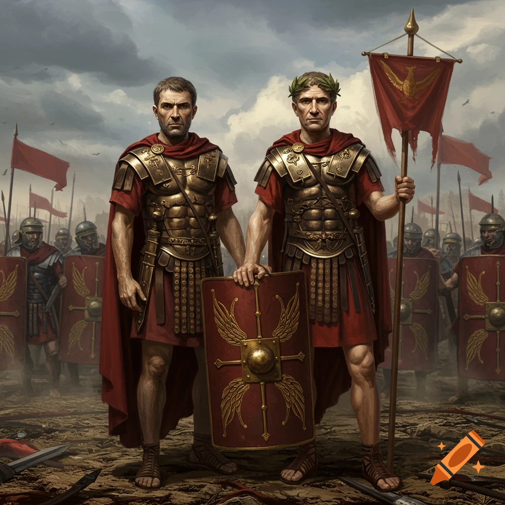 Two Roman soldiers in full armor stand on a battlefield with a shield and standard, more soldiers behind them under a cloudy sky.