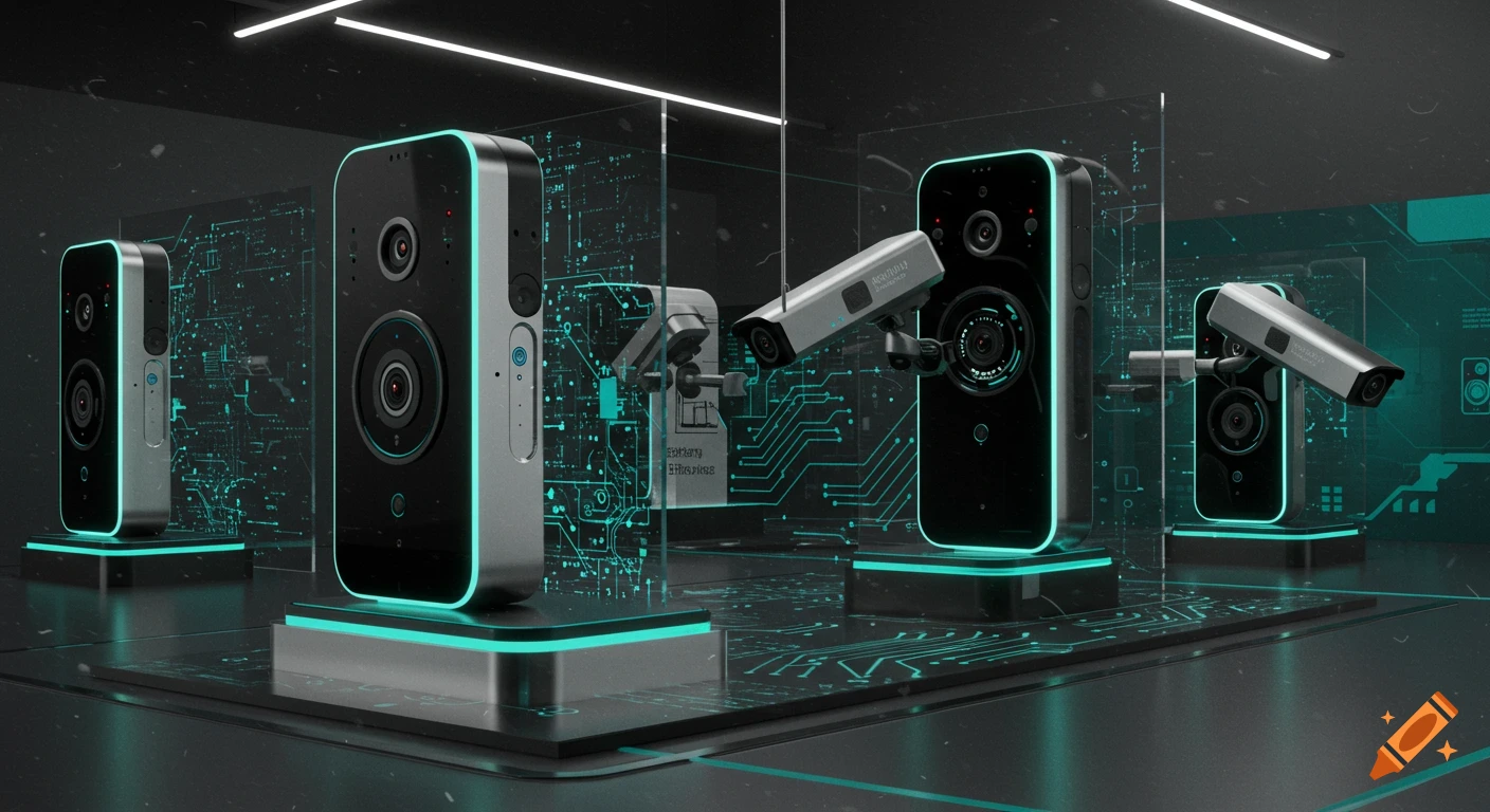 Modern CCTV cameras with glowing teal accents displayed in a high-tech showroom with circuit board designs.