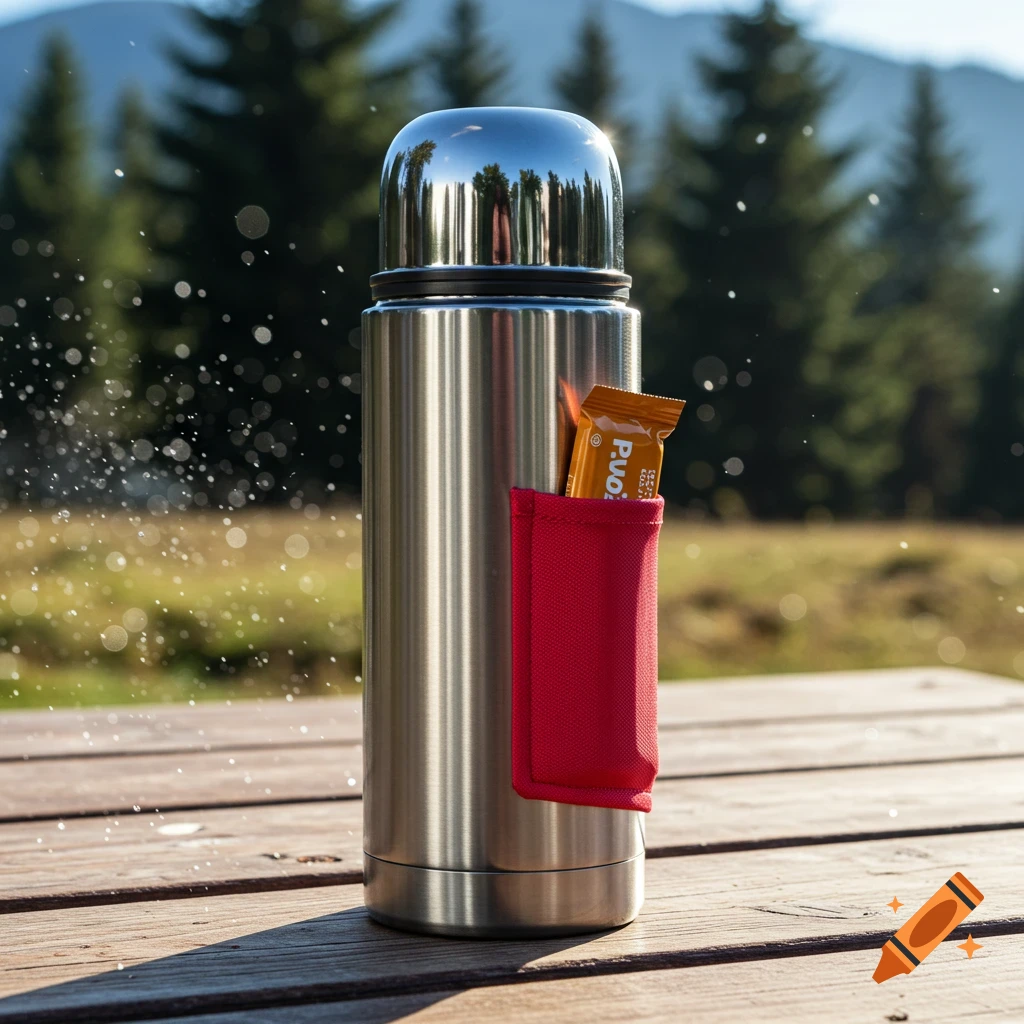 A silver thermos flask with a red side pocket holds a snack bar on a wooden table outdoors, set against a blurred forest and mountain backdrop.