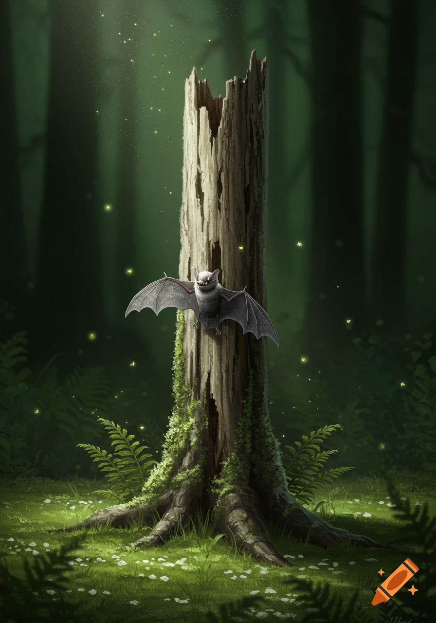 A gray bat with outstretched wings clings to a moss-covered tree stump in a dark, mystical forest with glowing fireflies, digital painting.