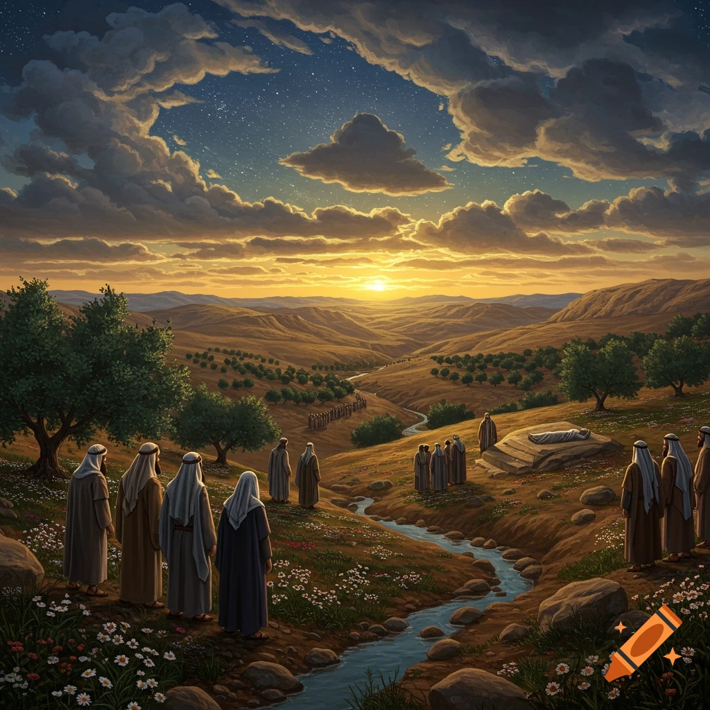 Biblical figures gather around a body on a stone in a valley with a stream, trees, and a distant procession, under a sunset sky.