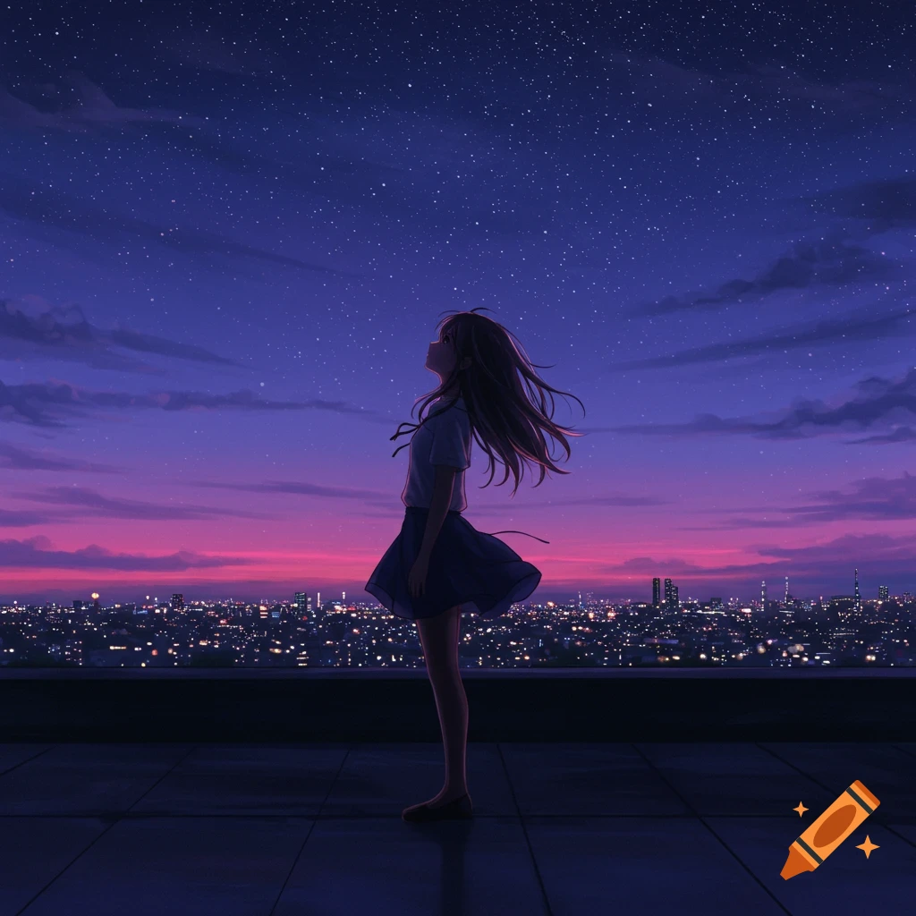 Anime girl on a rooftop at twilight, looking up at the starry purple-pink sky over a glowing city.