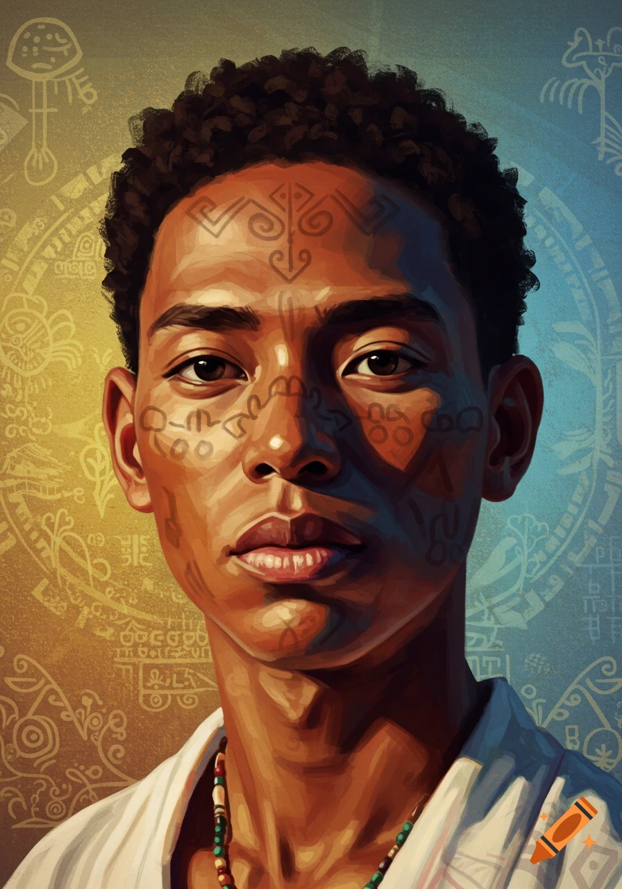 Illustration of a young person with tribal face markings and curly hair, against an ornate patterned background.