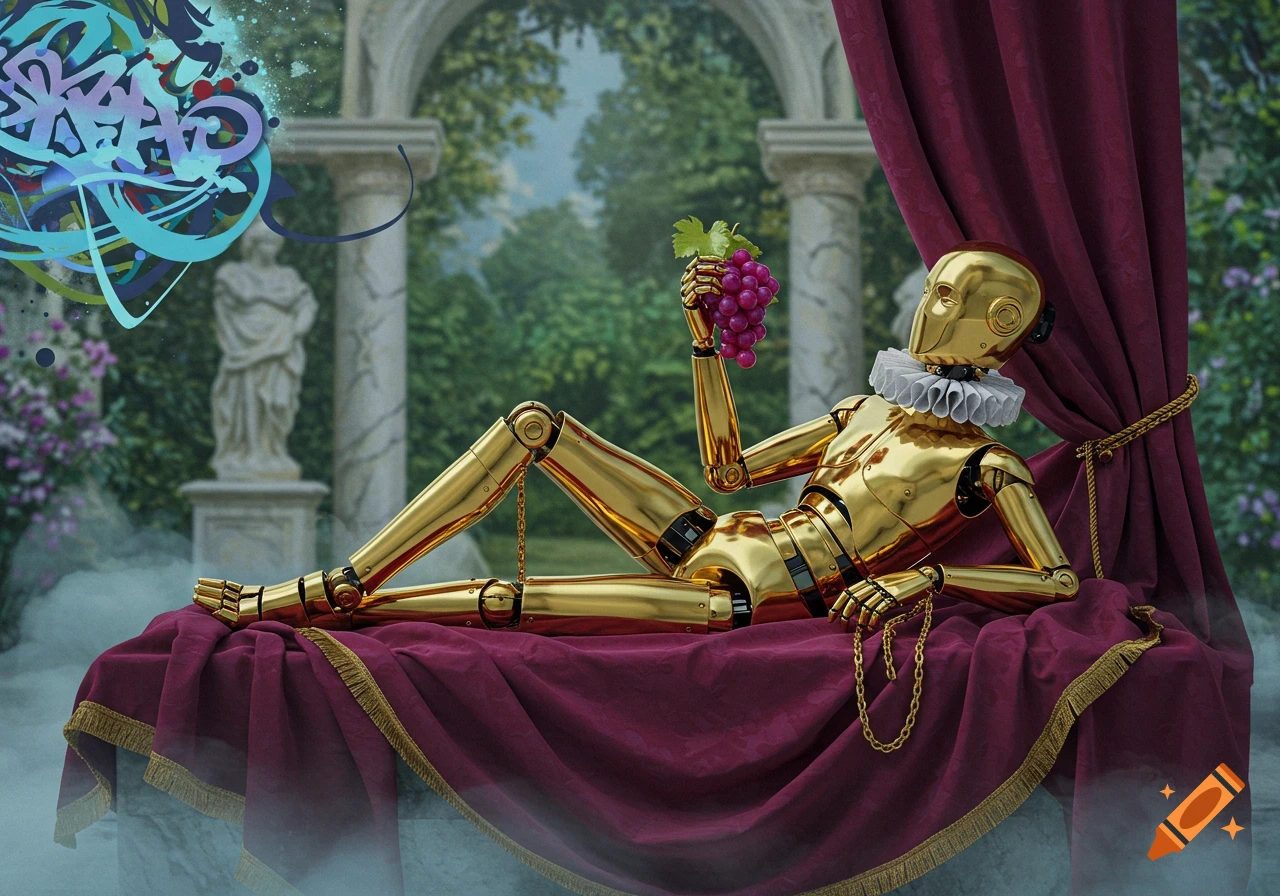 A golden robot with a ruffled collar reclines on red velvet, holding grapes, in a classical garden with abstract graffiti in the upper left.