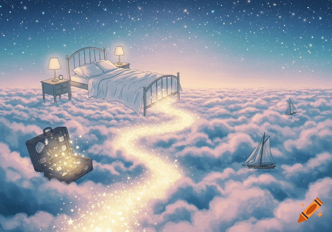 A dreamy artistic illustration of a bed floating on clouds under a starry night sky, with a glowing path leading from it to an open suitcase and sailboats.
