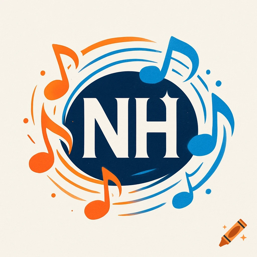 A logo with white 'NH' text in a dark blue circle, surrounded by orange and blue music notes and swirling lines.