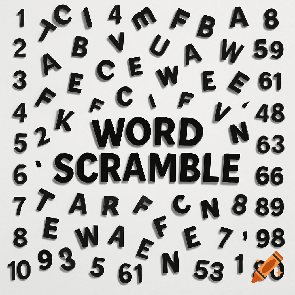 Black 3D letters and numbers, including the words 'WORD SCRAMBLE', scattered on a white background.