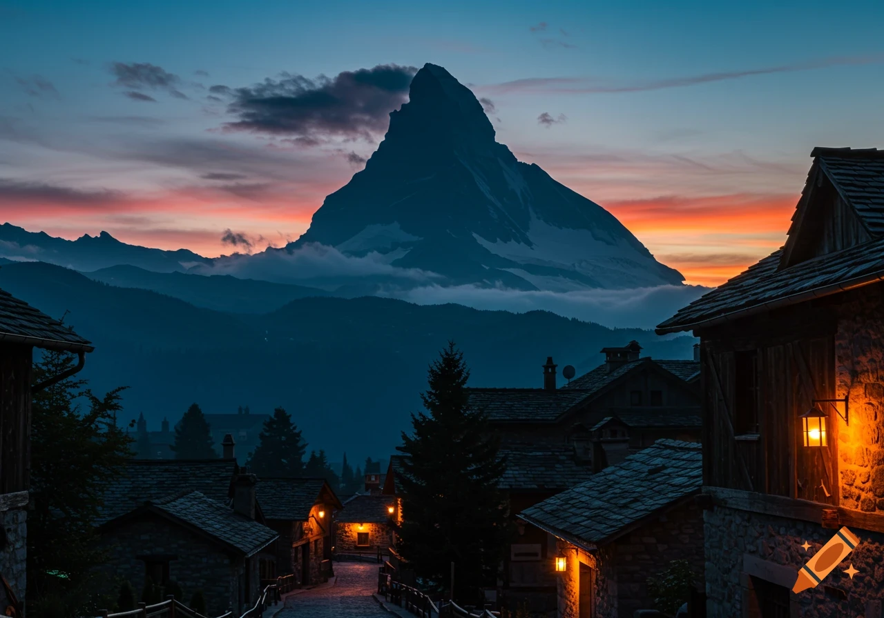 Mountain village at dusk with illuminated stone houses, a towering peak, and an orange and blue sunset sky.