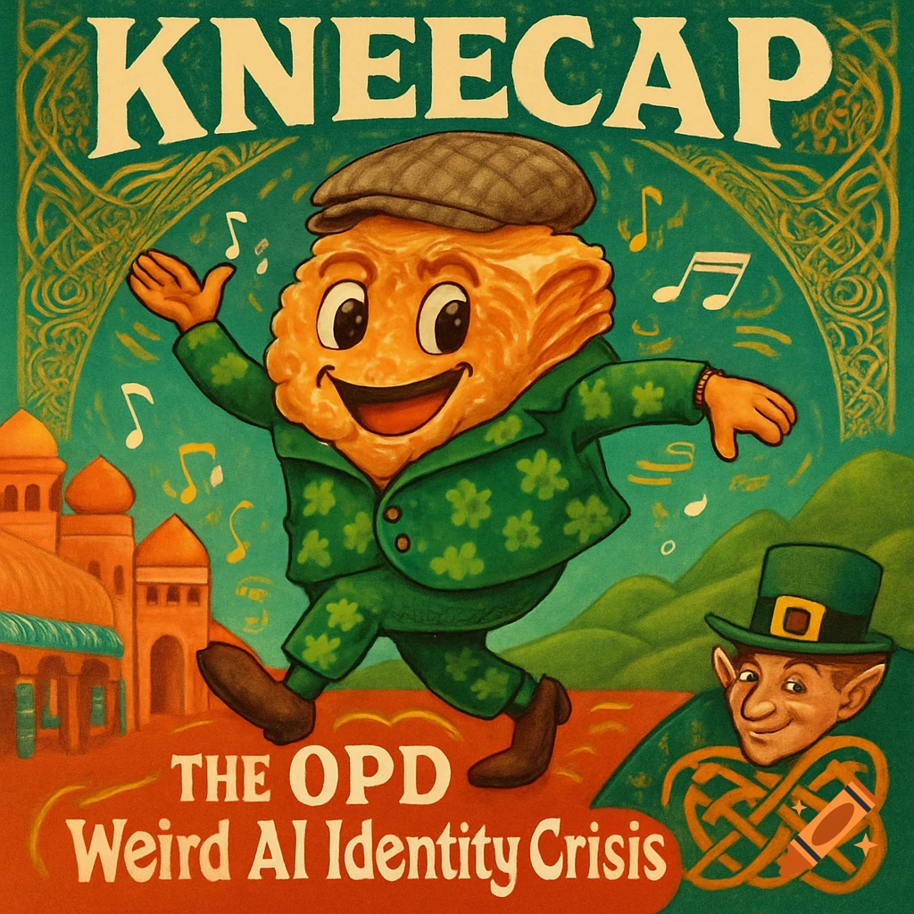 Retro album cover with a smiling cartoon baklava character in a green suit dancing, a leprechaun, and 'KNEECAP' text.