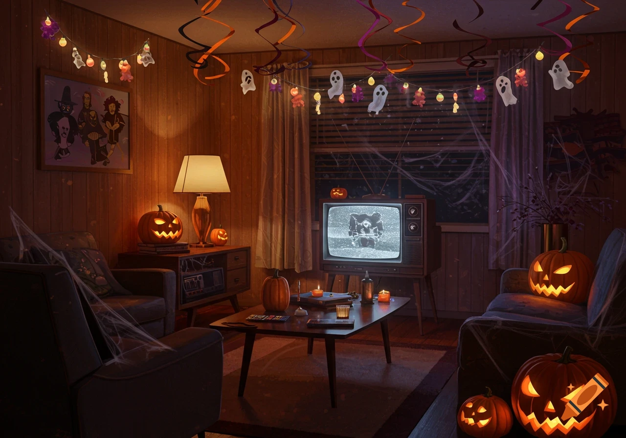 Dimly lit 1980s living room decorated for Halloween with glowing jack-o'-lanterns, spiderwebs, and a static retro TV.
