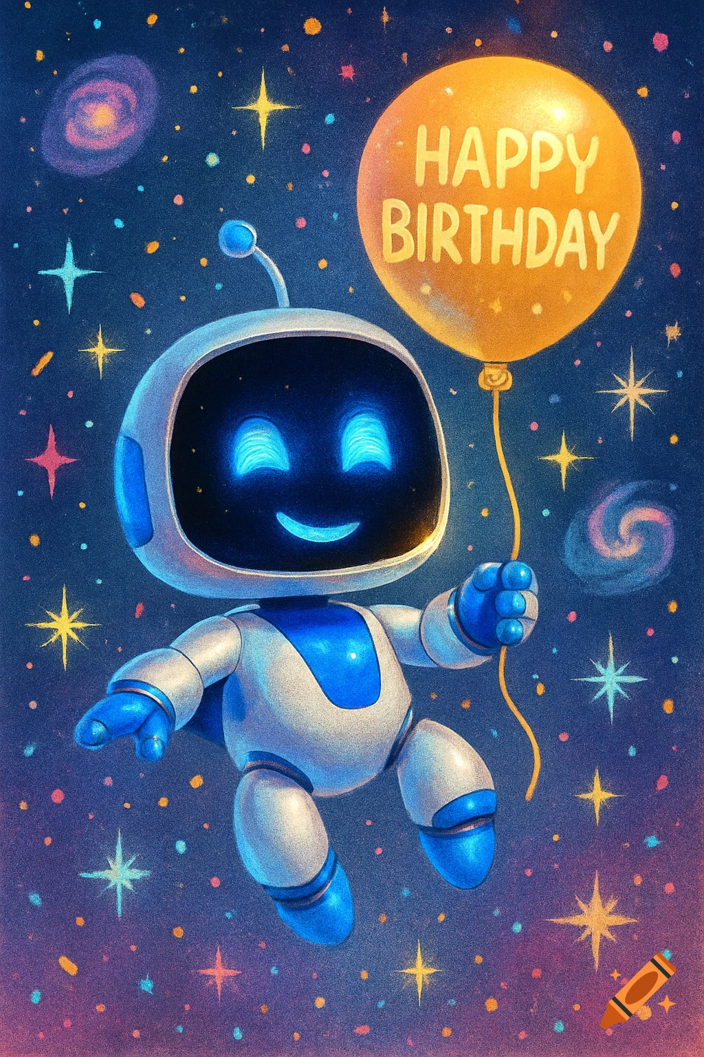 A friendly white and blue robot with a glowing blue face floats in space, holding a yellow balloon that says "HAPPY BIRTHDAY".