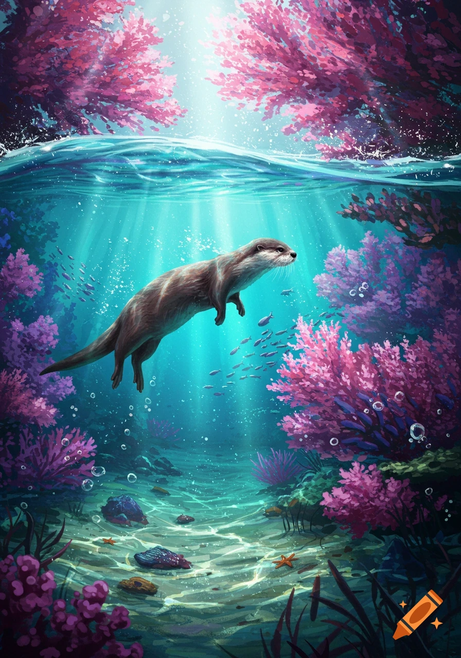 A brown otter swims gracefully in a vibrant, sunlit underwater scene with pink and purple coral, small fish, and bubbles.