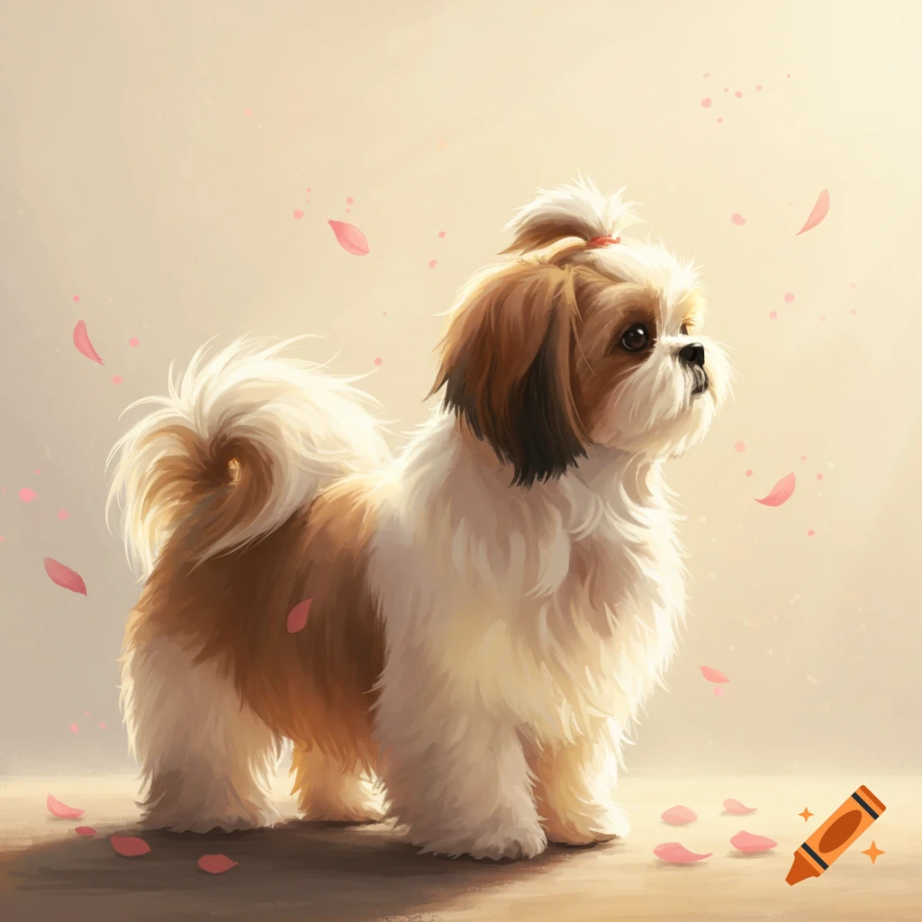 A stylized illustration of a fluffy brown and white Shih Tzu dog with a topknot and red bow, standing amidst falling pink petals.