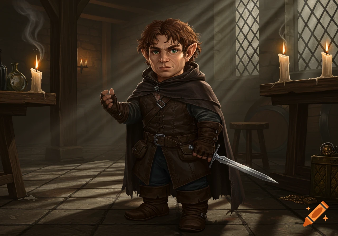 A fantasy illustration of a halfling rogue in a dimly lit tavern, wearing a cloak and holding a dagger.