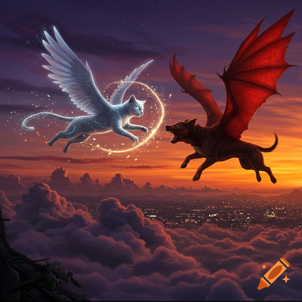 A winged white cat with glowing patterns confronts a red-winged black dog above a city at sunset, digital art.