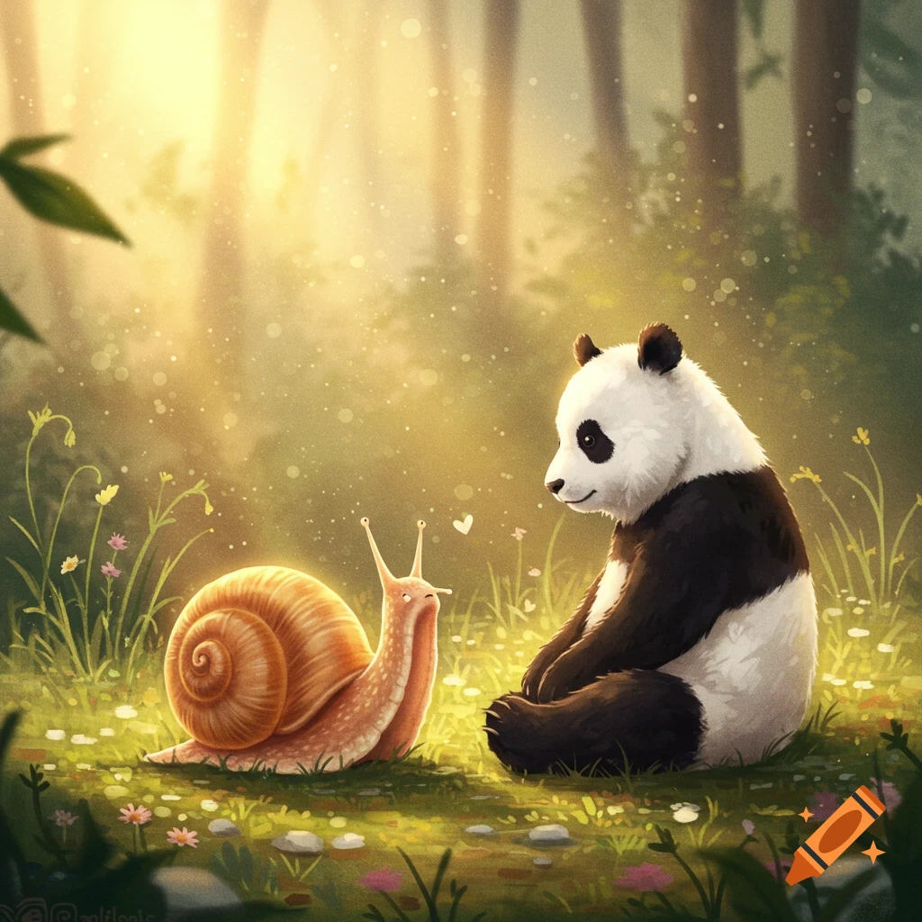 A cute panda sits on grassy ground, looking at a glowing snail in a sun-dappled forest in an illustration.