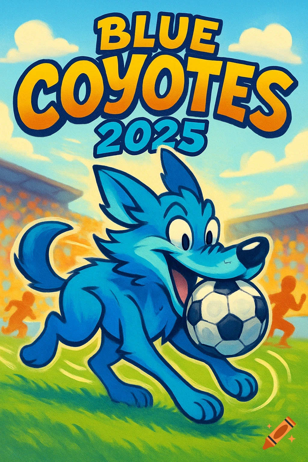 A blue cartoon coyote mascot dribbles a soccer ball on a green field in front of a stadium, with text 'BLUE COYOTES 2025' above.