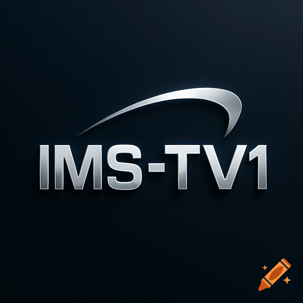 Metallic silver logo featuring the text "IMS-TV1" with a curved swoosh design above, set against a dark background.