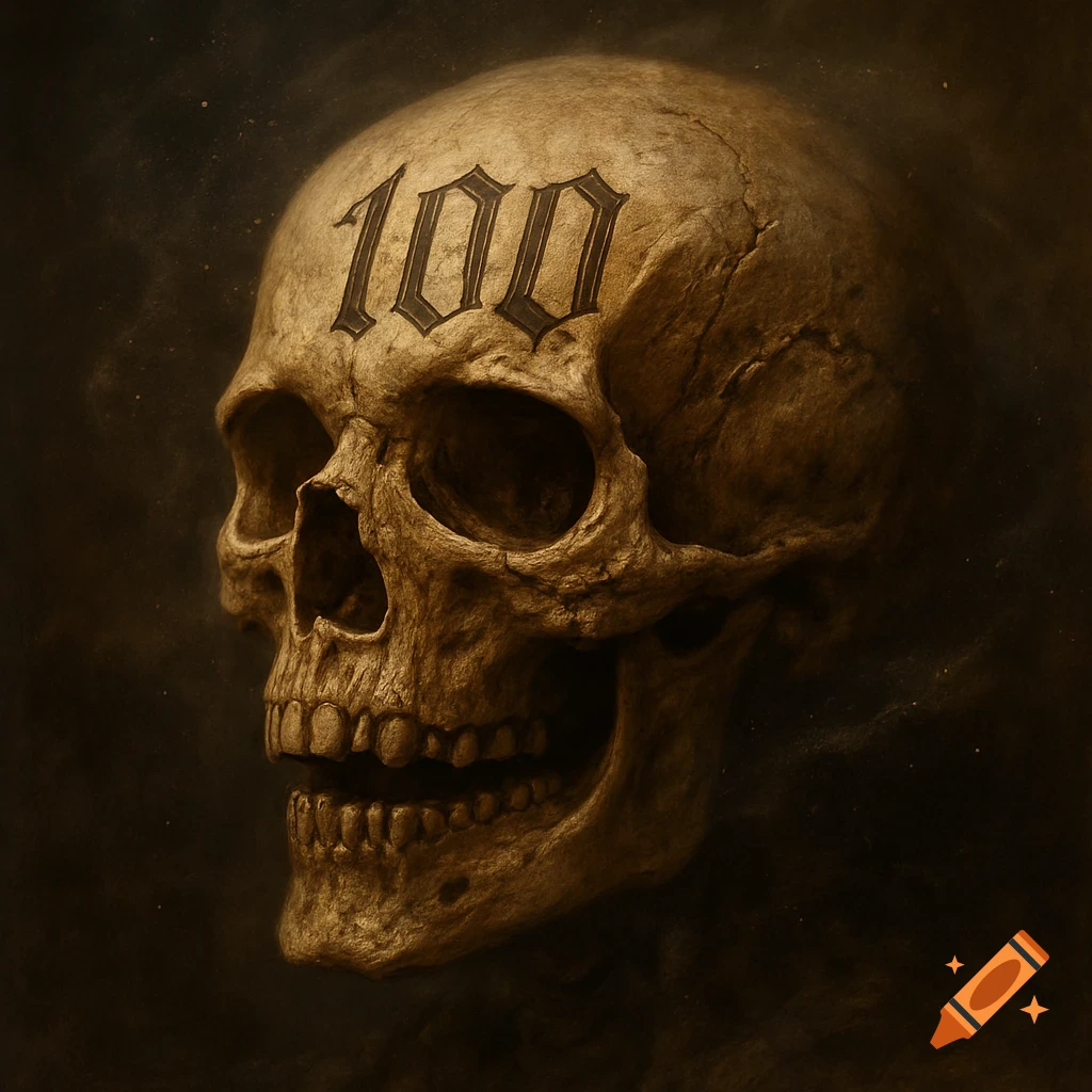 Detailed, realistic human skull with '100' etched on its forehead, against a dark background in a dark art style.