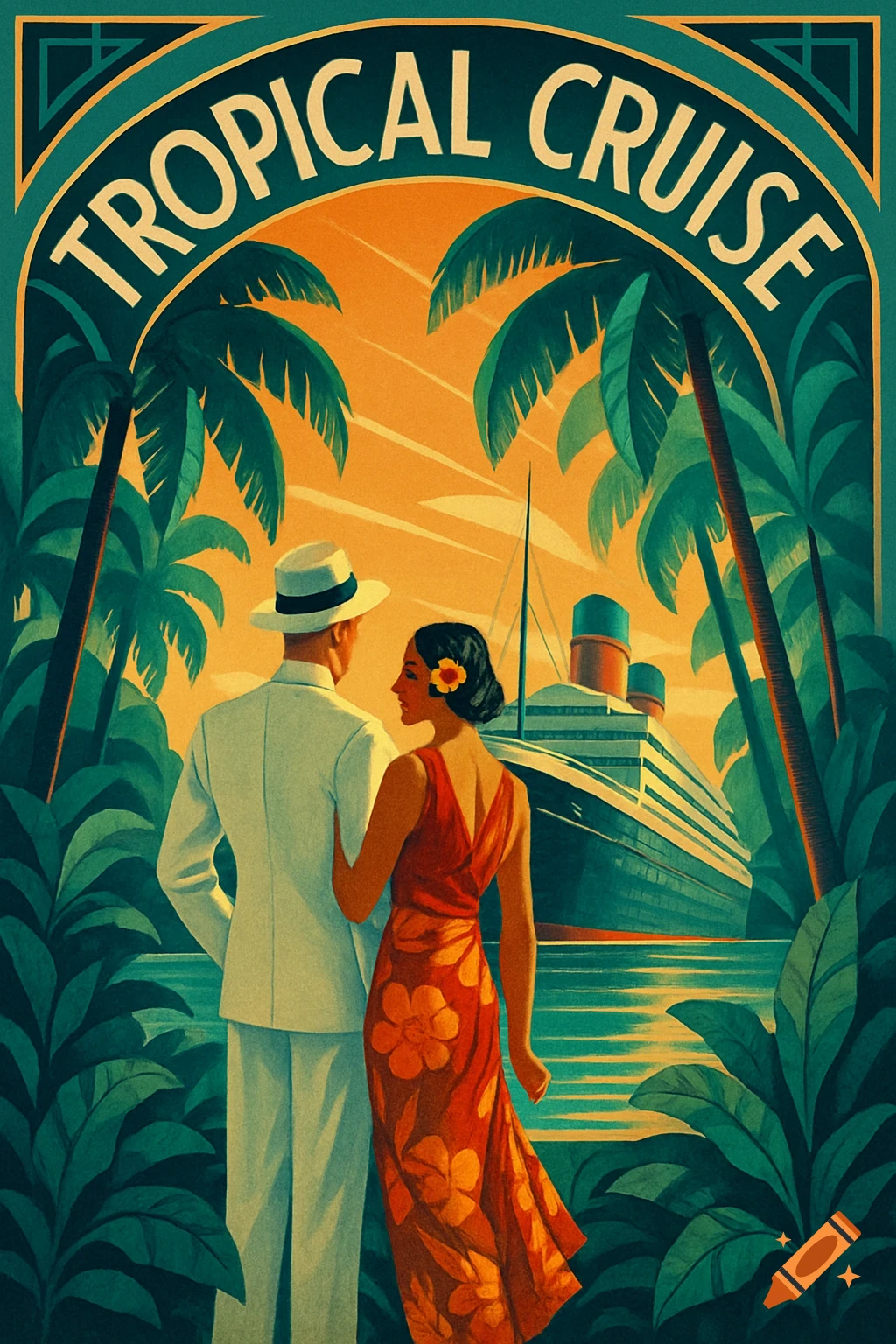 Art Deco travel poster of a couple looking at a cruise ship in a tropical locale.