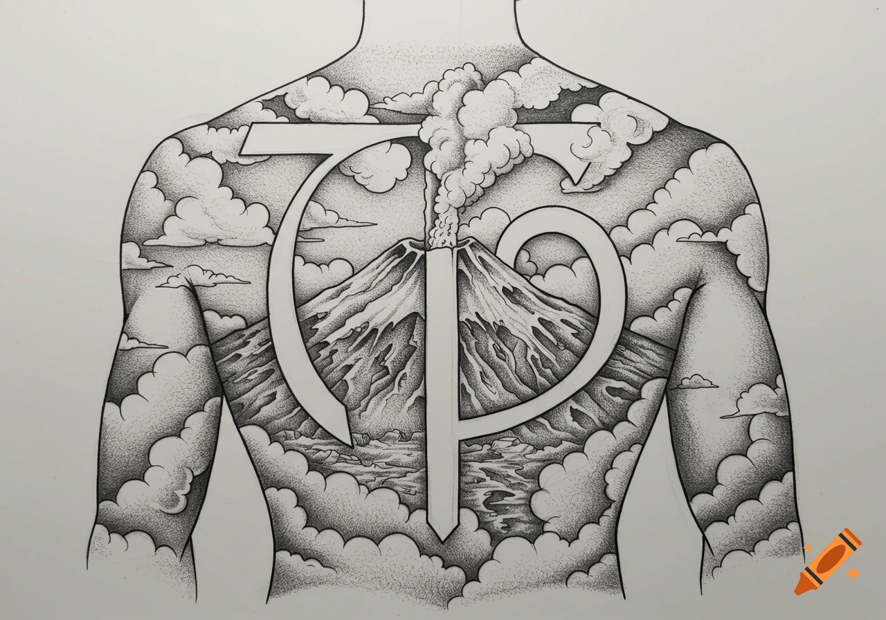 Black and white stipple art tattoo sketch of a male back with a volcano forming the vertical lines of the Pi symbol and clouds forming the horizontal line.