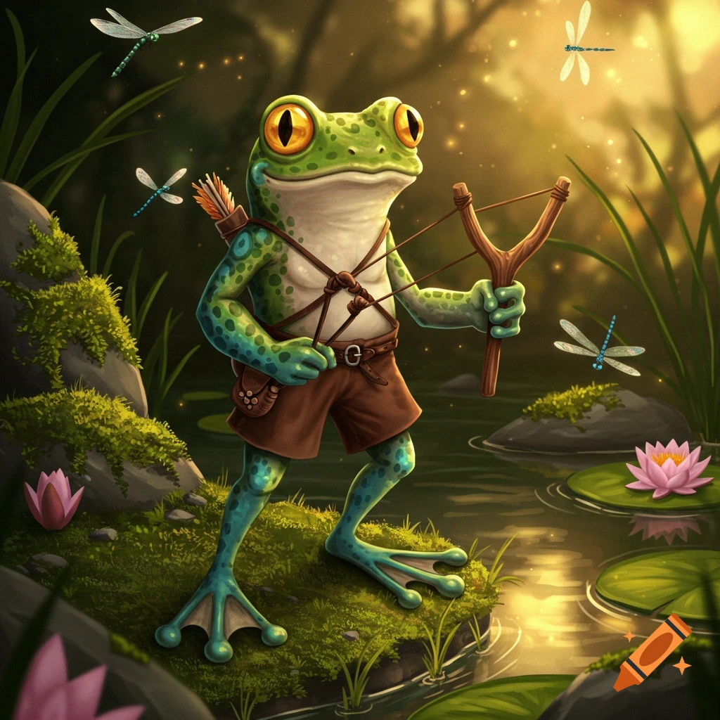 A cartoon frog adventurer with a slingshot and arrows stands by a pond with lotus flowers and glowing dragonflies in a magical forest.