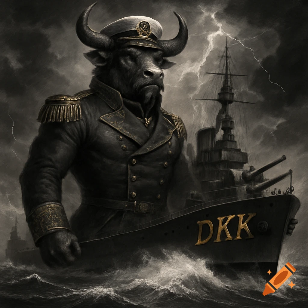 Gritty monochrome illustration of a minotaur captain in a military uniform, standing in a stormy sea with a battleship named 'DKK'.