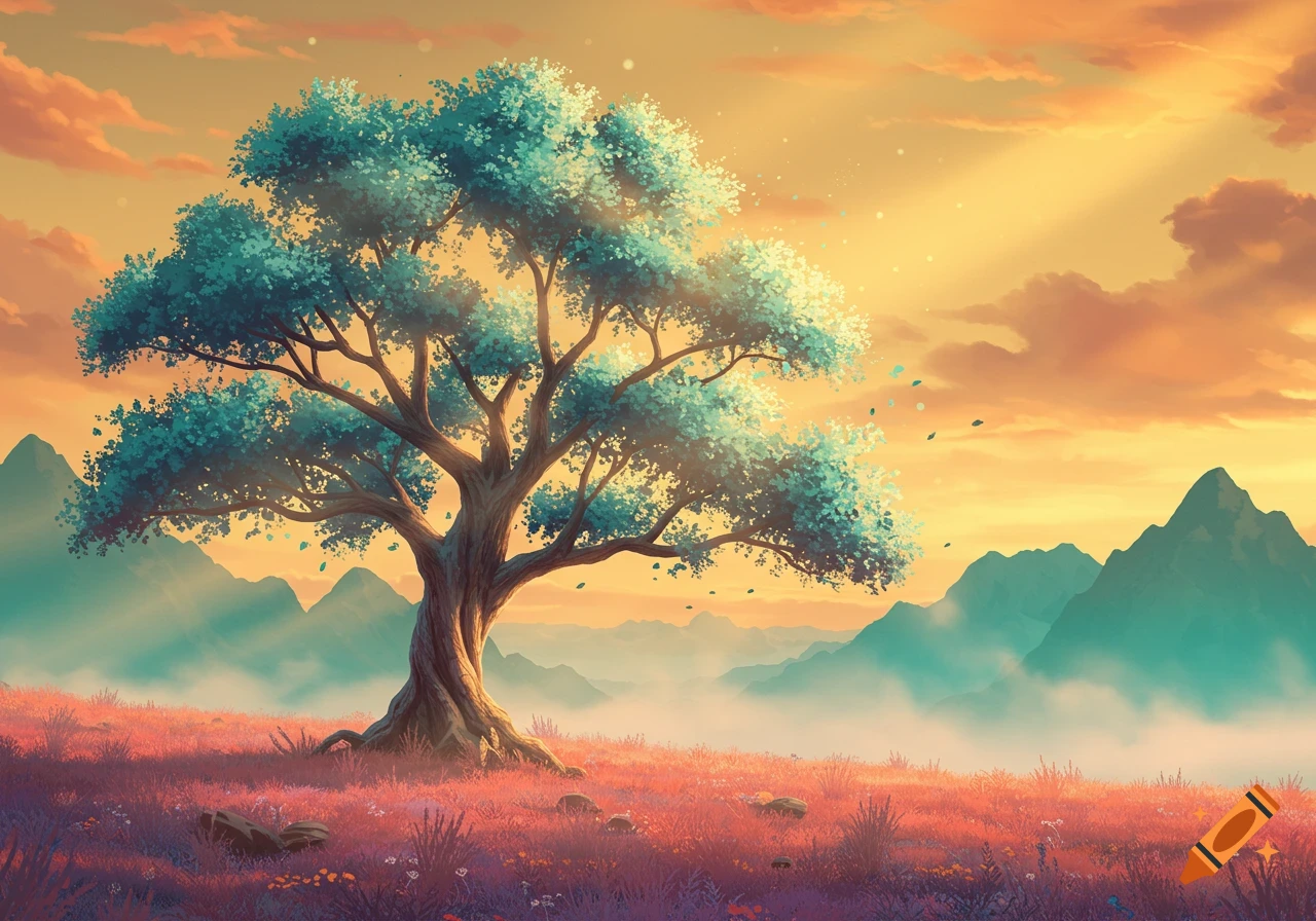 A vibrant landscape featuring a large tree with teal leaves on a red grassy hill, under a golden sunset sky with misty mountains.