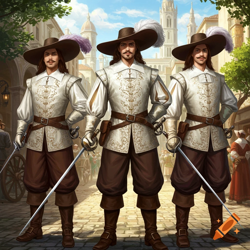 Three identical musketeers in white vests and plumed hats stand with swords in a sunny old town square.