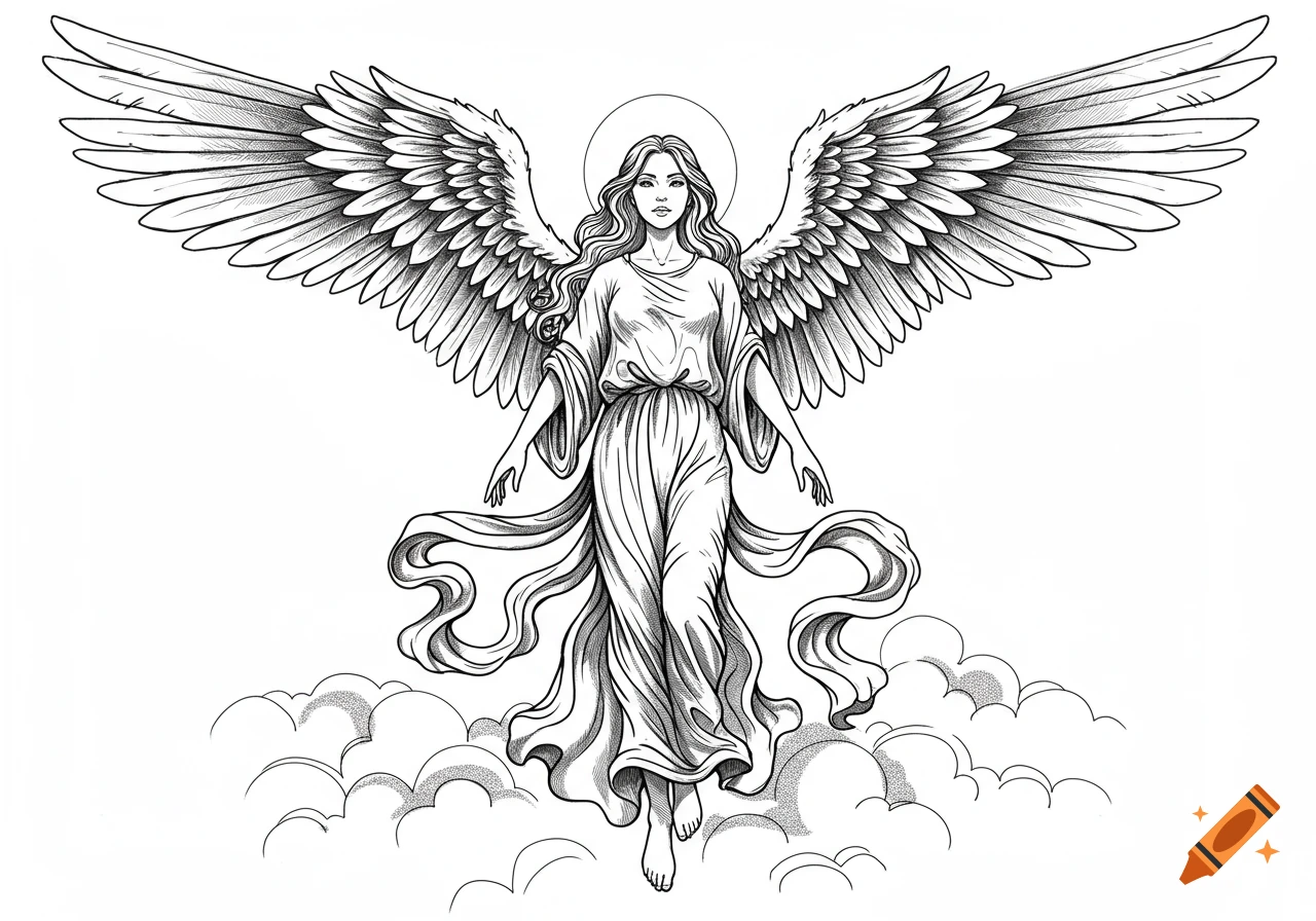 A detailed black and white drawing of an angel with large wings, flowing robes, and a halo, standing on clouds, in a tattoo art style.