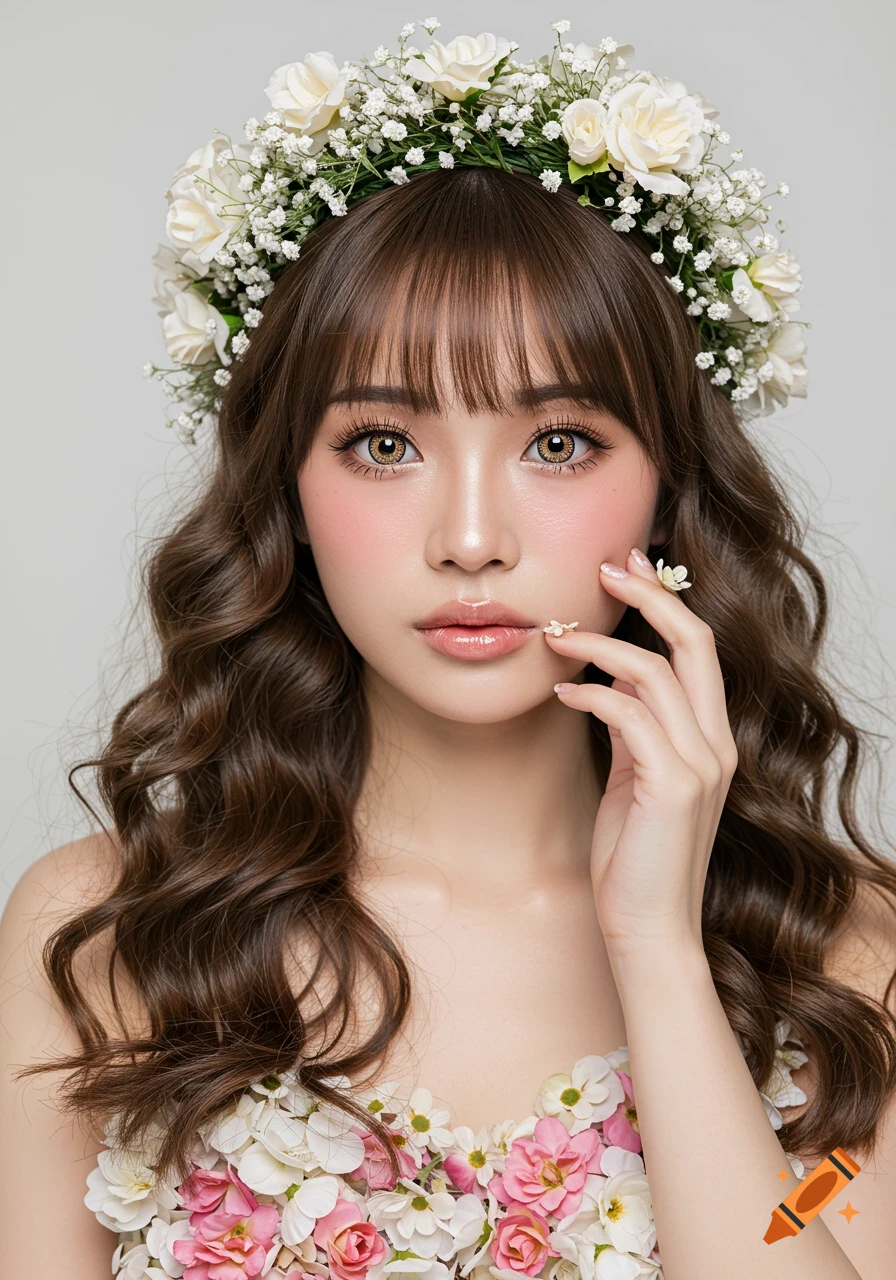 A photorealistic portrait of a young woman with a flower crown, long wavy hair, and a dress made of flowers.