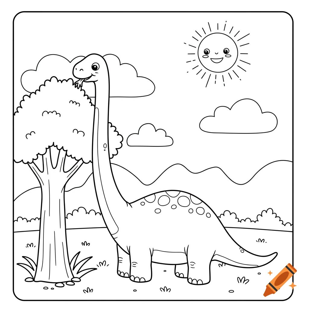 Black and white cartoon coloring page of a Brachiosaurus eating leaves from a tall tree, with a smiling sun and clouds.