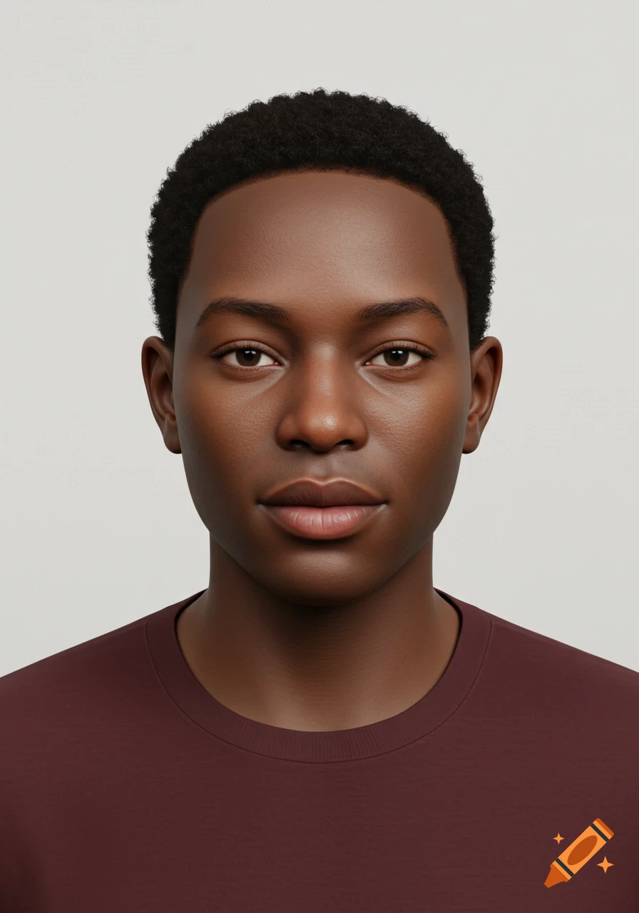 Photorealistic portrait of a young Black man with dark skin and short dark curly hair, looking directly at the viewer against a plain light background.