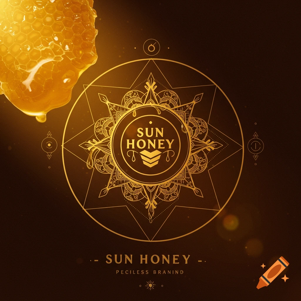Golden honeycomb drips honey above a circular gold sacred geometric design with 'SUN HONEY' text on a dark background.