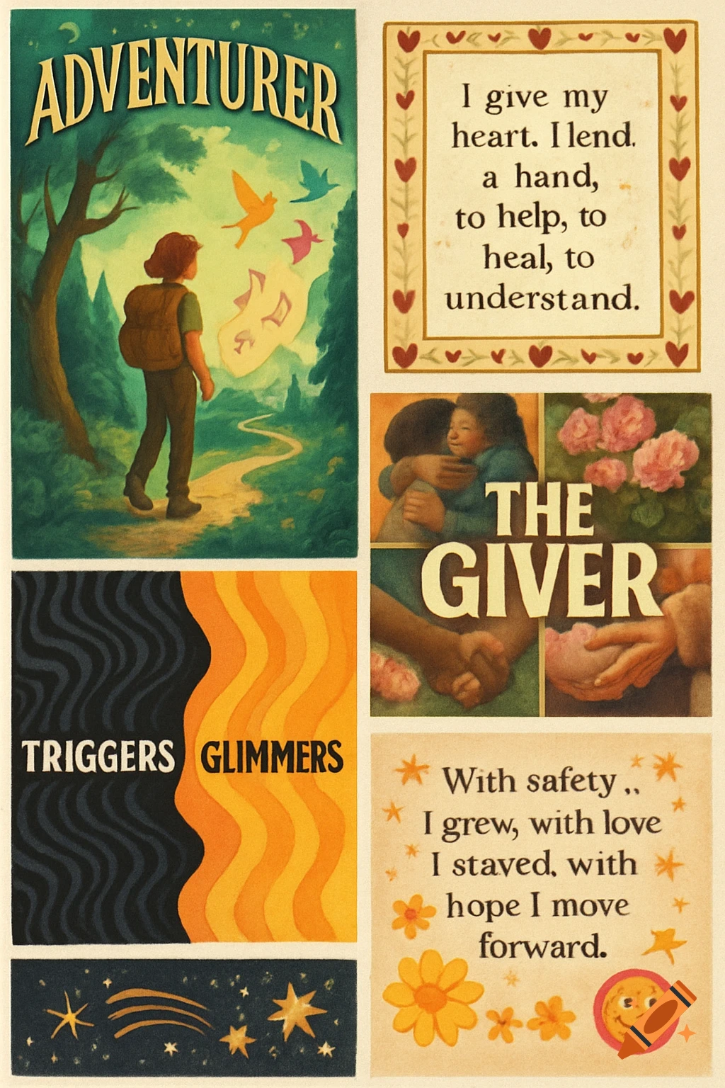 A collage of positive themes: A person on a path under 'ADVENTURER', a poem, 'THE GIVER' photo collage, 'TRIGGERS GLIMMERS' color block, and a gratitude poem.