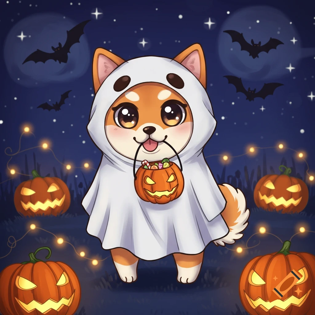 Chibi Shiba Inu in a ghost costume holds a pumpkin candy bucket under a starry Halloween night with bats and glowing jack-o-lanterns.