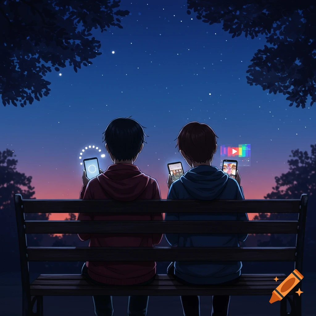 Two anime-style people sit on a bench from behind, looking at their smartphones under a starry night sky.