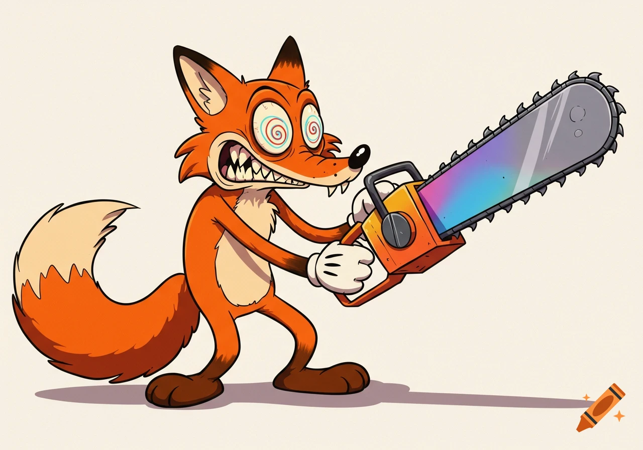 A zeranged rubberhose cartoon fox with swirling eyes and sharp teeth, wearing gloves, holds a colorful chainsaw against a plain background.