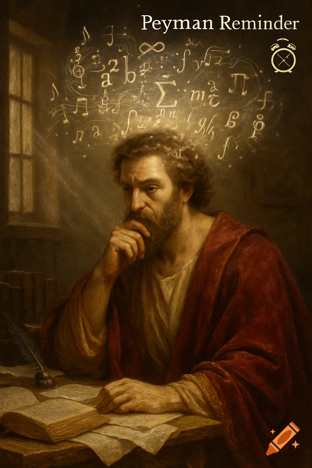 Pensive philosopher in a red robe at a desk, with floating mathematical and musical symbols above his head.