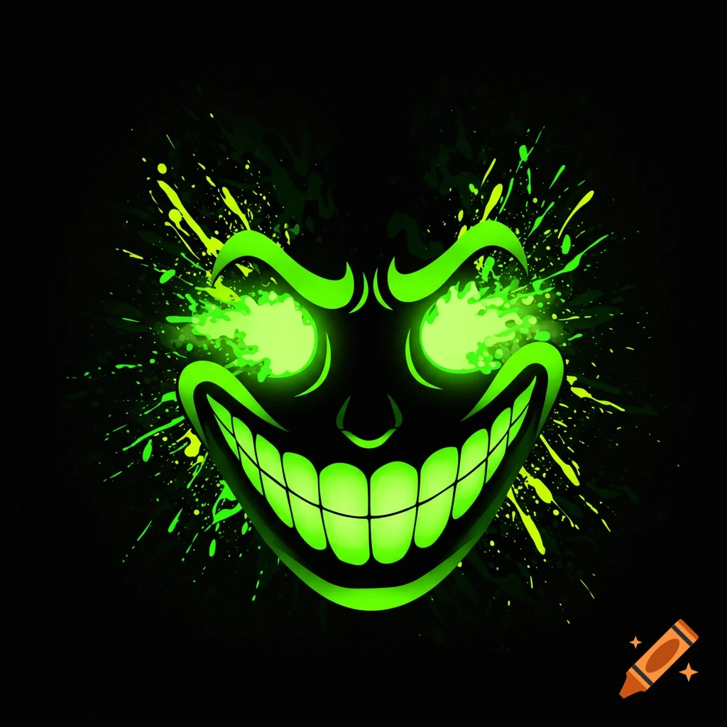 Stylized glowing green face with a wide grin and bright eyes, surrounded by green and yellow paint splatters on a black background.