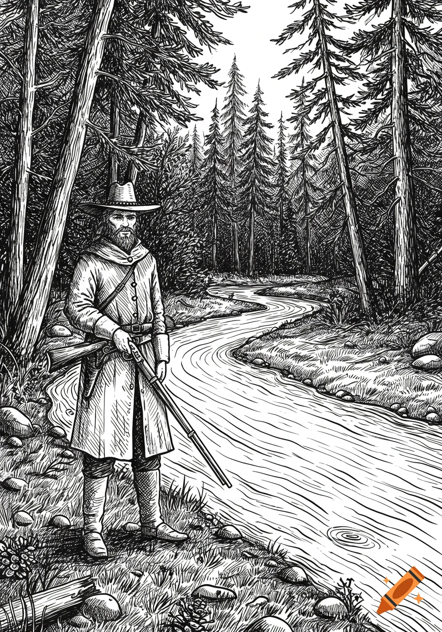 Black and white sketch of a rugged frontiersman with a rifle standing by a winding river in a dense forest.