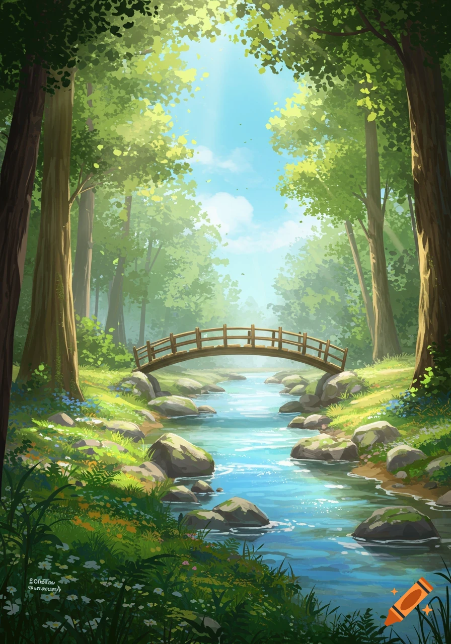 Vibrant illustration of a sunlit forest with a wooden bridge over a sparkling river, surrounded by lush greenery.