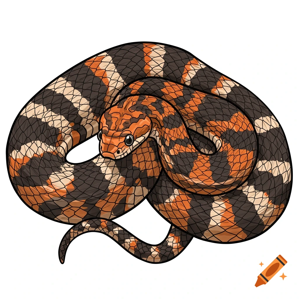 A coiled corn snake with orange, black, and white markings in a detailed cartoon style on a white background.