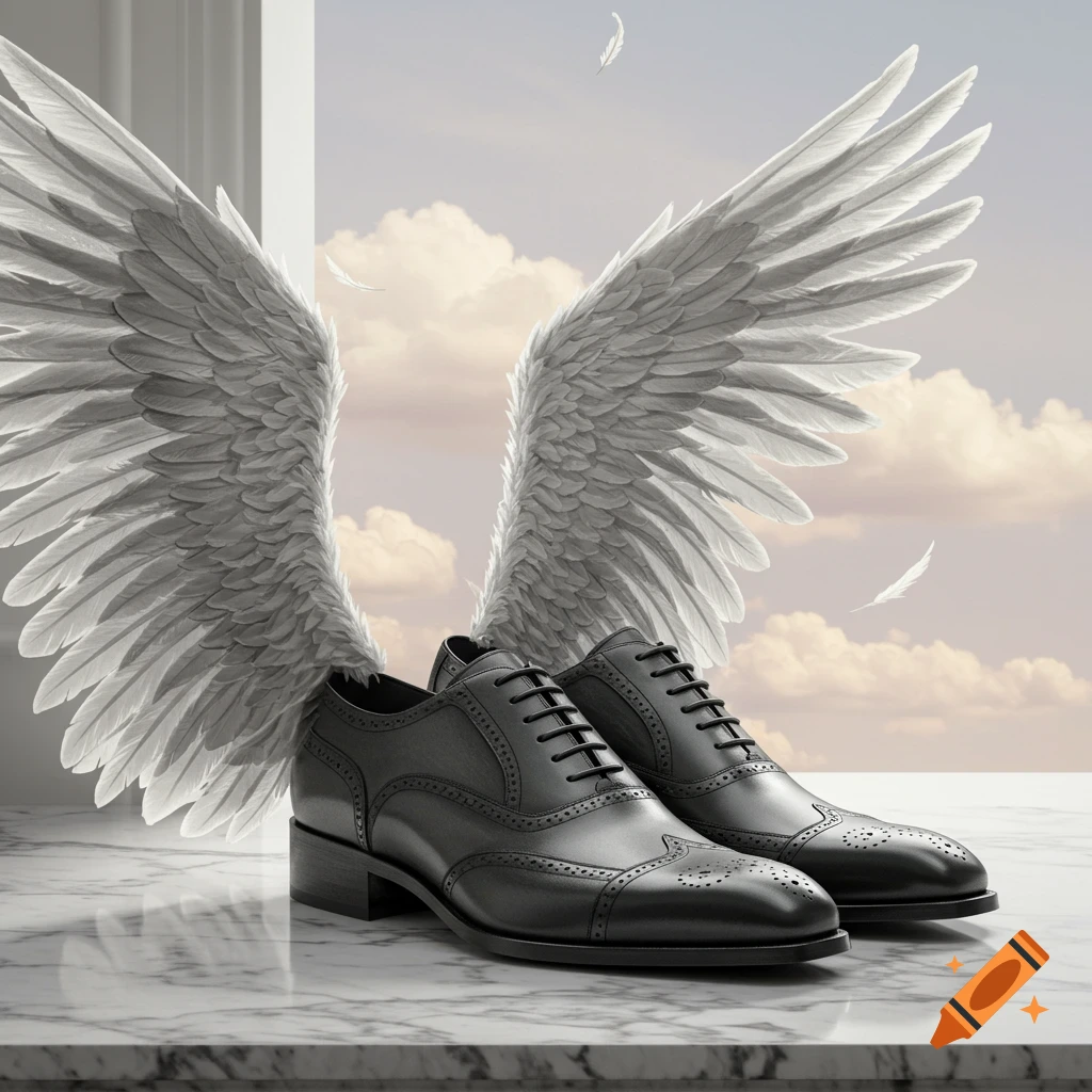 A pair of black men's dress shoes with large white wings, on a marble surface against a cloudy sky. Photorealistic.
