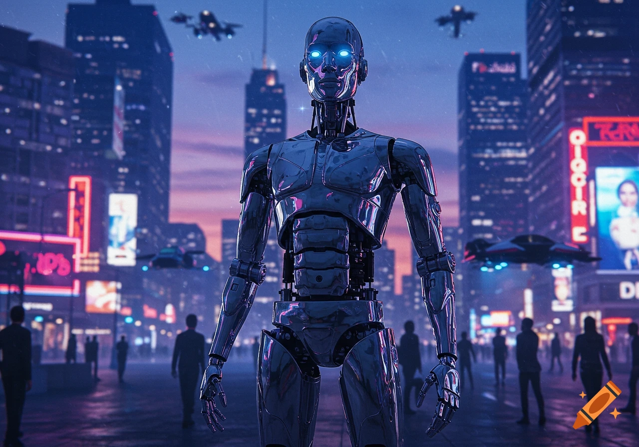 A chrome humanoid robot with glowing blue eyes stands in a futuristic cyberpunk city at twilight with flying vehicles.