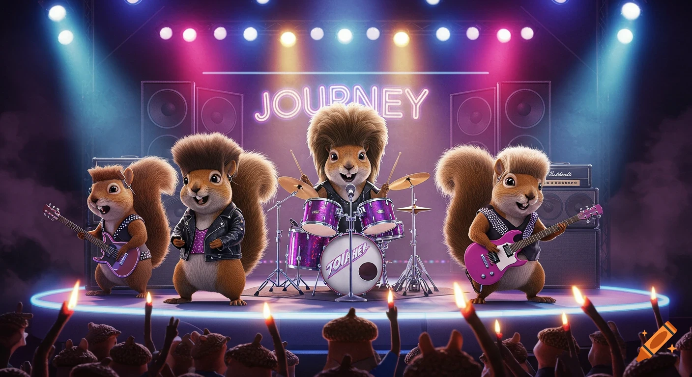 Four anthropomorphic squirrels resembling rock musicians perform on a neon-lit stage to a crowd of cheering acorns.