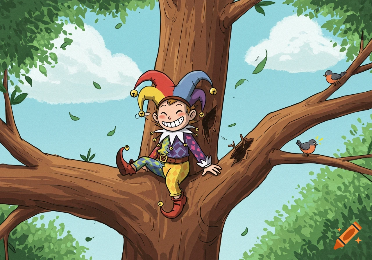 Humorous cartoon of a jester happily sawing off the tree branch they're sitting on, with birds and falling leaves.