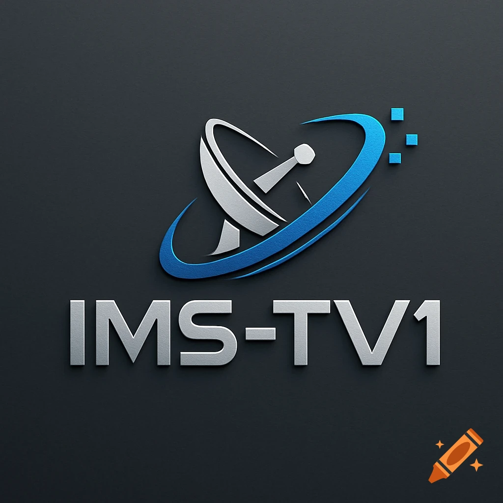 A modern logo featuring a silver satellite dish with a blue digital swoosh and the text "IMS-TV1" on a dark gray background.