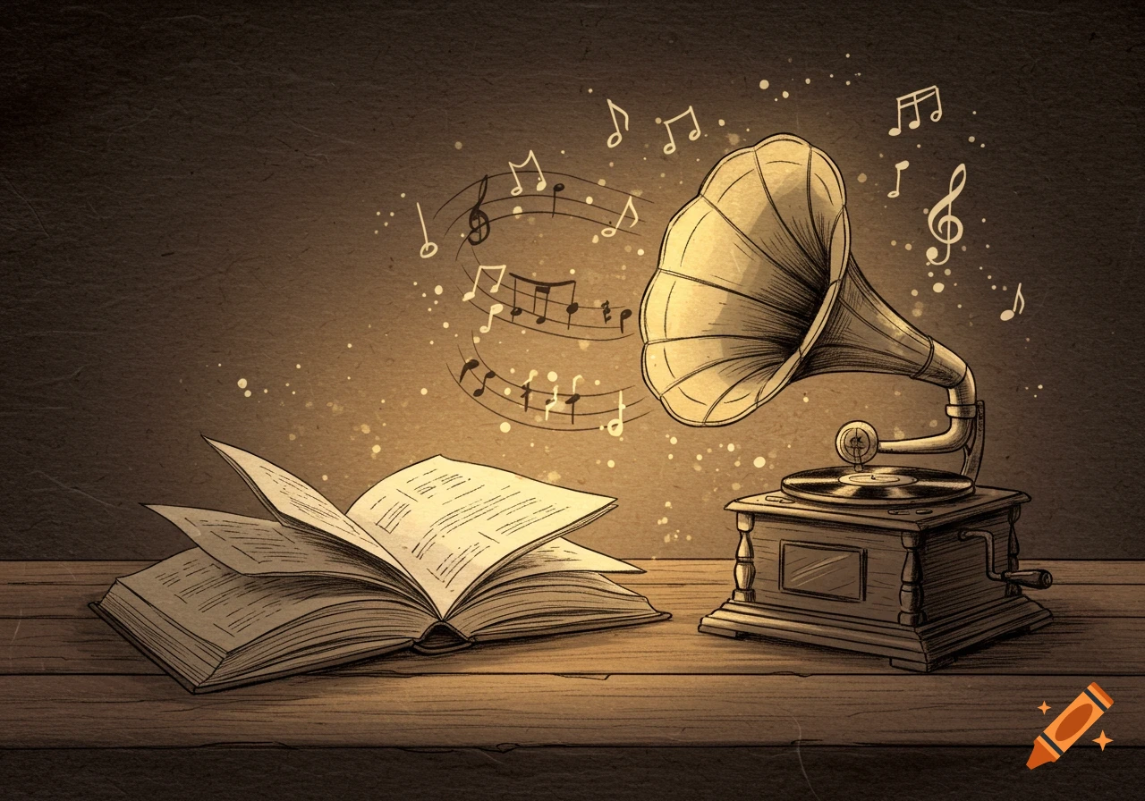 A detailed sketch of an open book and a vintage gramophone on a wooden table, with musical notes floating in the air.